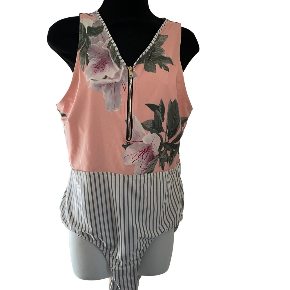 Albion Fit Floral‎ Striped One Piece Swimsuit Pink Blush Blue Zipper XXL